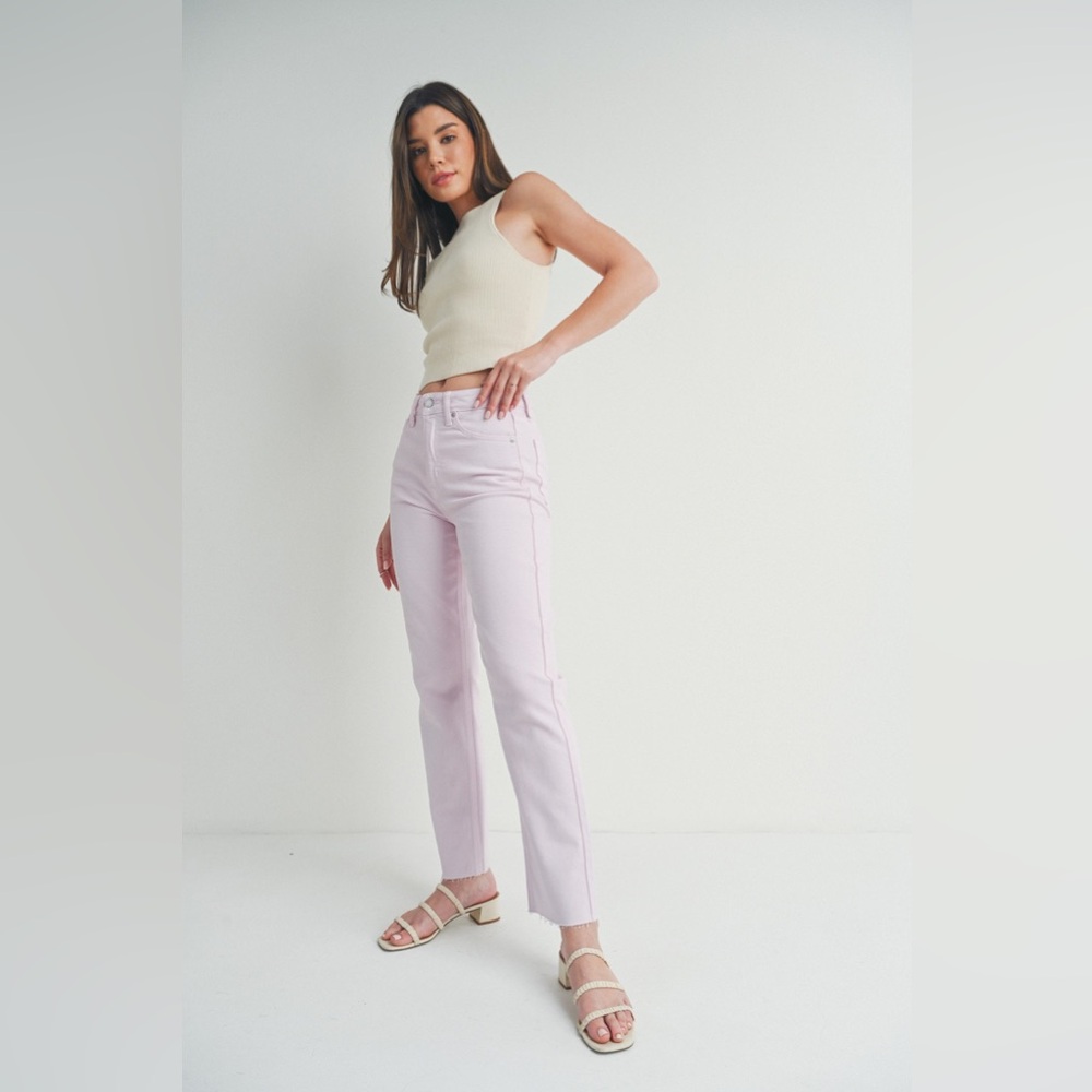 Just Black Denim High Rise Cut Off Cropped Straight Leg Jeans In Lavender